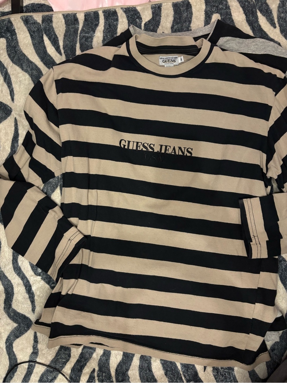 Vintage 90s Guess Jeans USA Striped Long Sleeve Shirt Tan Black M